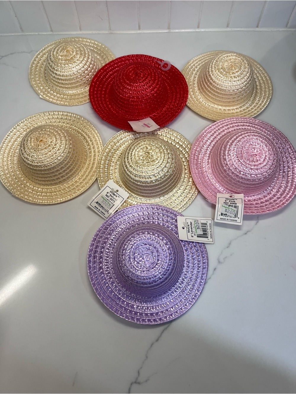 Miniature Doll Straw Hats Lot Of 7 Multicolored for Dolls or DIY Craft 6 In
